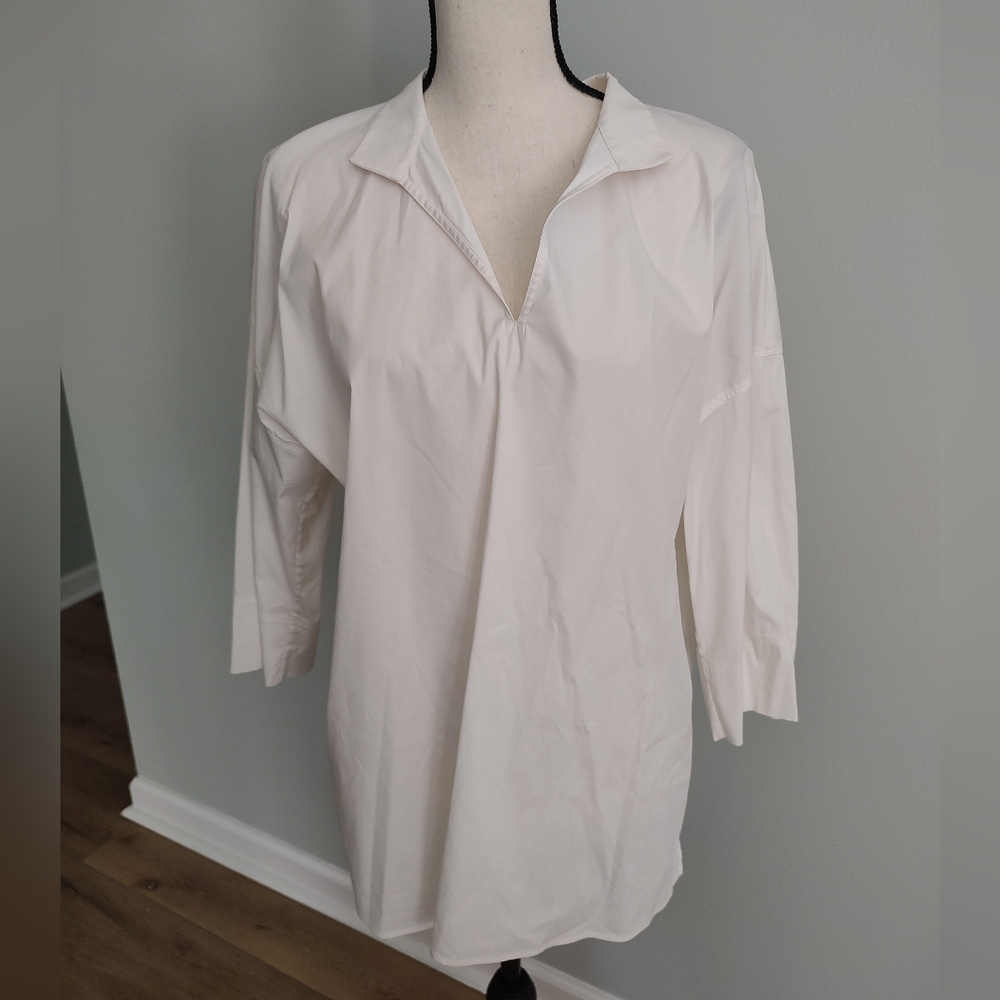 Lafayette 148 New York White Collared V-Neck 3/4 Sleeve Minimalist Popov…